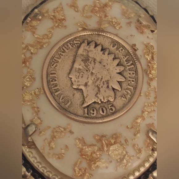 1905 Indian Head Penny Cream Gold Flecks Leather Boho Tie - Picture 3 of 5